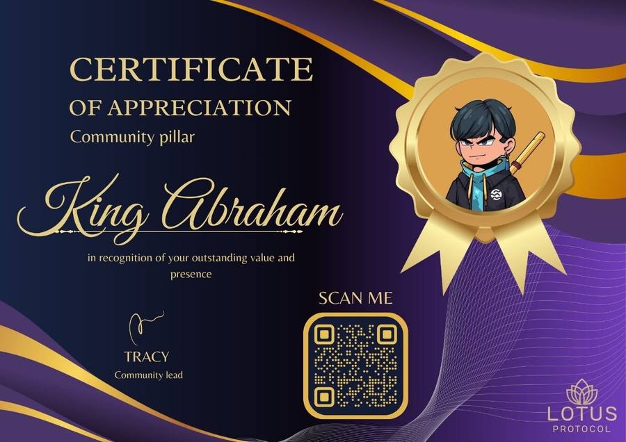 Certificate of Appreciation, Community Pillar, awarded to King Abraham by Lotus Protocol