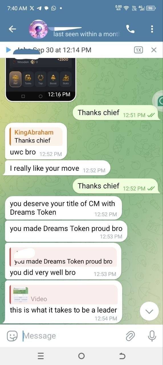 Telegram message: you deserve your title of CM with Dreams Token, you made Dreams Token proud
