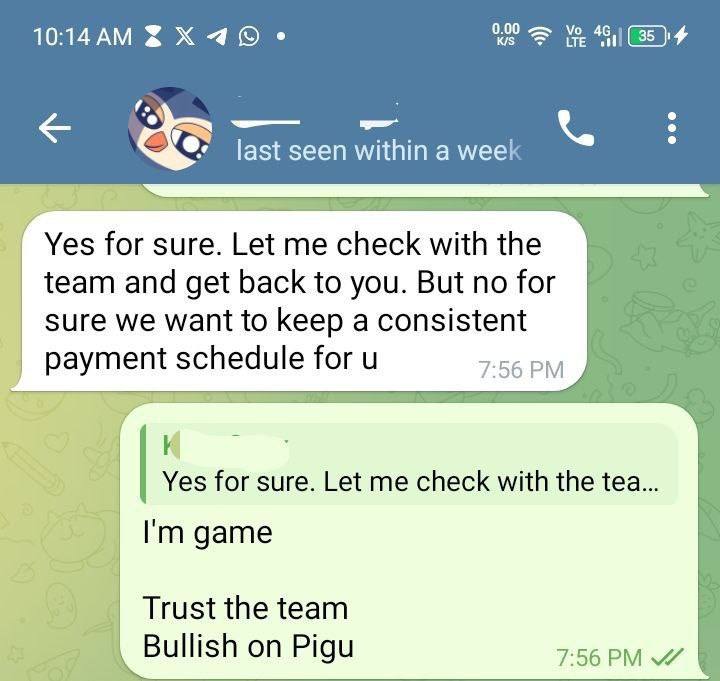 Telegram message: trust the team, bullish on Pigu, discussing a consistent payment schedule